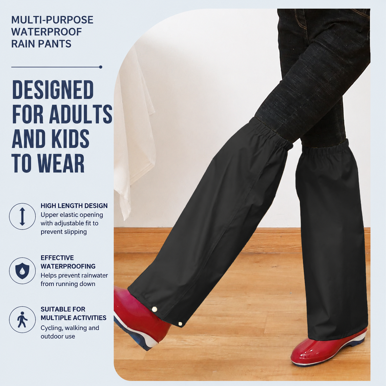 Navy Blue Waterproof Rain Leg Covers and Long Half Rain Pants, Quick Pull-On with Adjustable Elastic Top & Snap Closure Cuffs – Lightweight & Reusable, Windproof & Mudproof for Commuting, Cycling, Garden and Outdoor Activities (1 Pair 3XL)