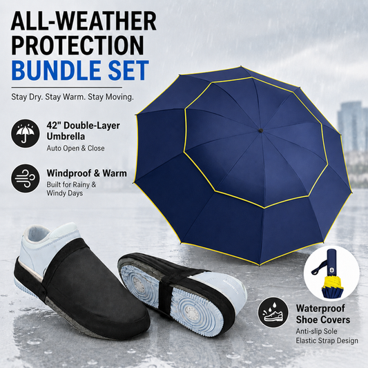 Navy Blue Compact 3-Fold Automatic Golf Umbrella (Dia 42 Inch) + Waterproof Thermal Half Shoe Covers (M Size) with Anti Slip Elastic Strap– Windproof & Stainproof Full Body Rain Protection Kit for Golf, Cycling and Outdoor Activities