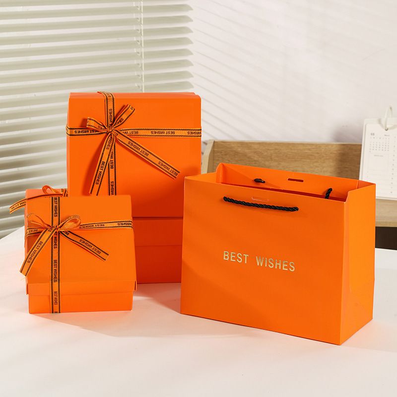 3 piece medium size Orange Gift Box Set with Gift Bag & Raffia Fill - Premium Empty Present Packaging Box for Birthdays Weddings Baby Showers and Special Occasions