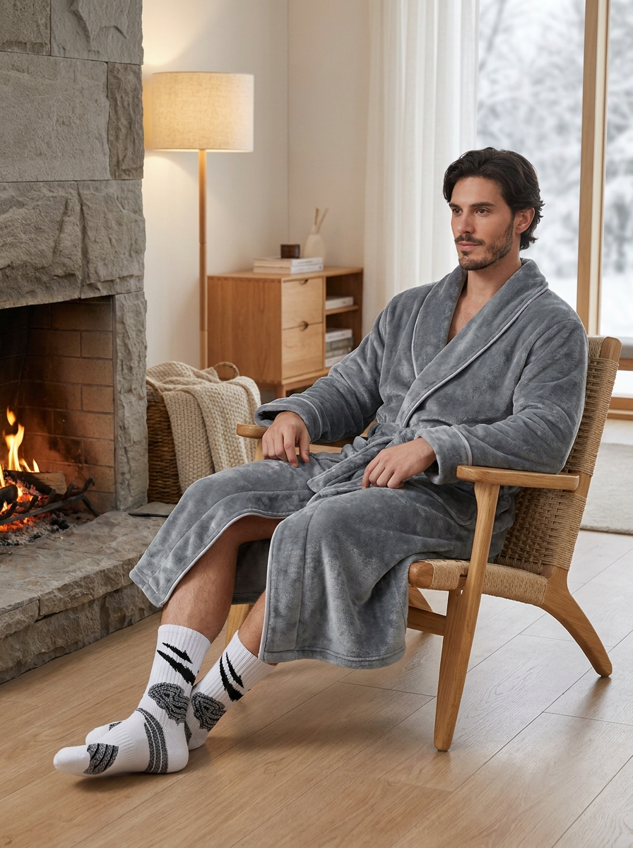 Grey Men's Winter Lounge Bundle Set - Flannel Shawl Collar Robe(L Size) with 2x White Thick Mid Calf Demon Pattern Socks, Warm Plush Homewear Set, Soft Cozy Sleepwear and Indoor Loungewear Gift for Men