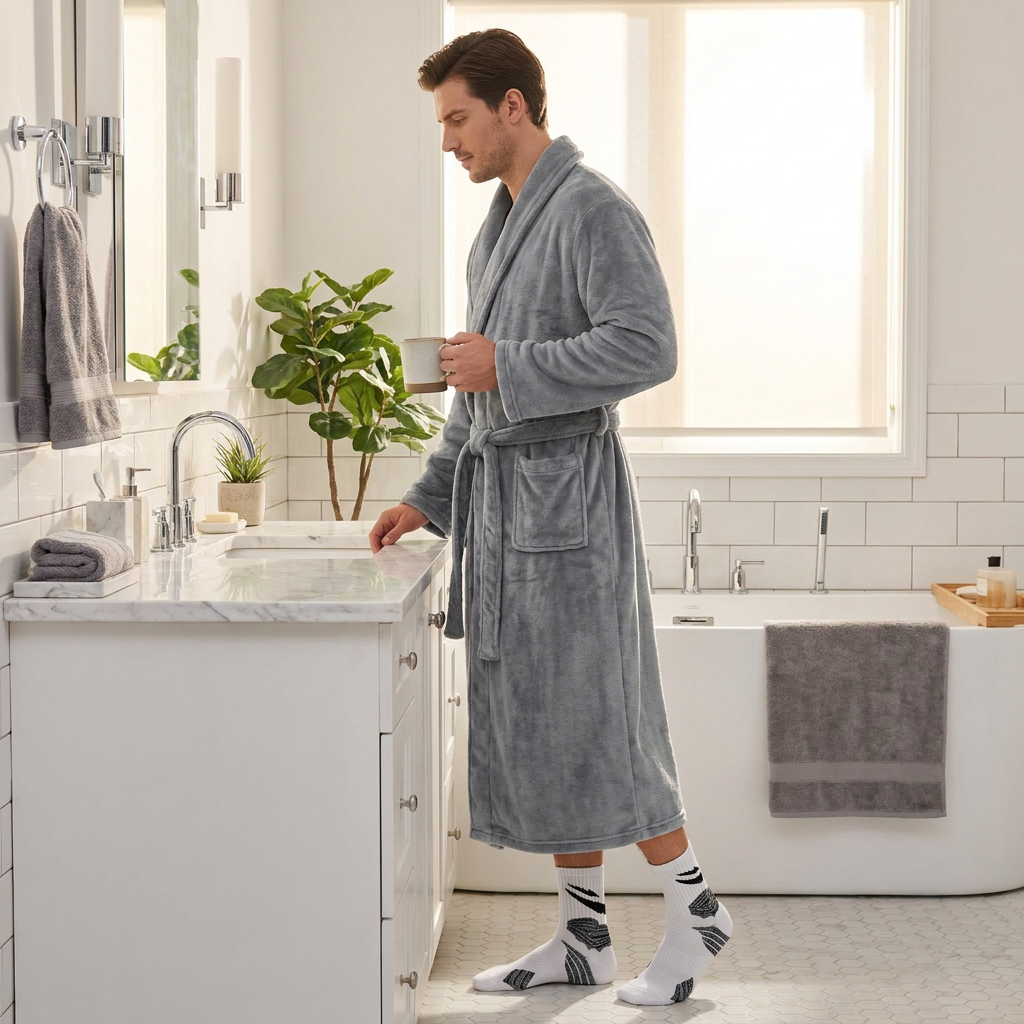 Grey Men's Winter Lounge Bundle Set - Flannel Shawl Collar Robe(XL Size) with 2x White Thick Mid Calf Demon Pattern Socks, Warm Plush Homewear Set, Soft Cozy Sleepwear and Indoor Loungewear Gift for Men