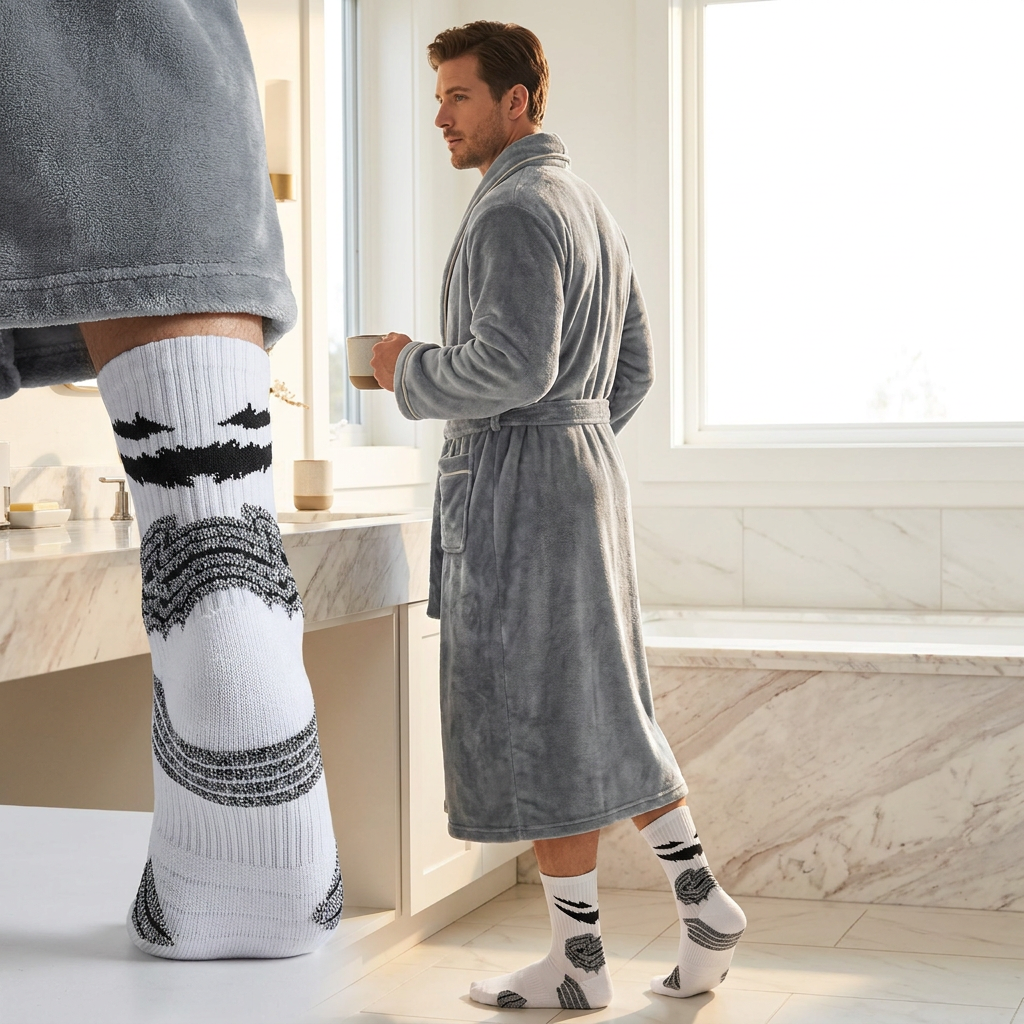 Grey Men's Winter Lounge Bundle Set - Flannel Shawl Collar Robe(XXL Size) with 2x White Thick Mid Calf Demon Pattern Socks, Warm Plush Homewear Set, Soft Cozy Sleepwear and Indoor Loungewear Gift for Men