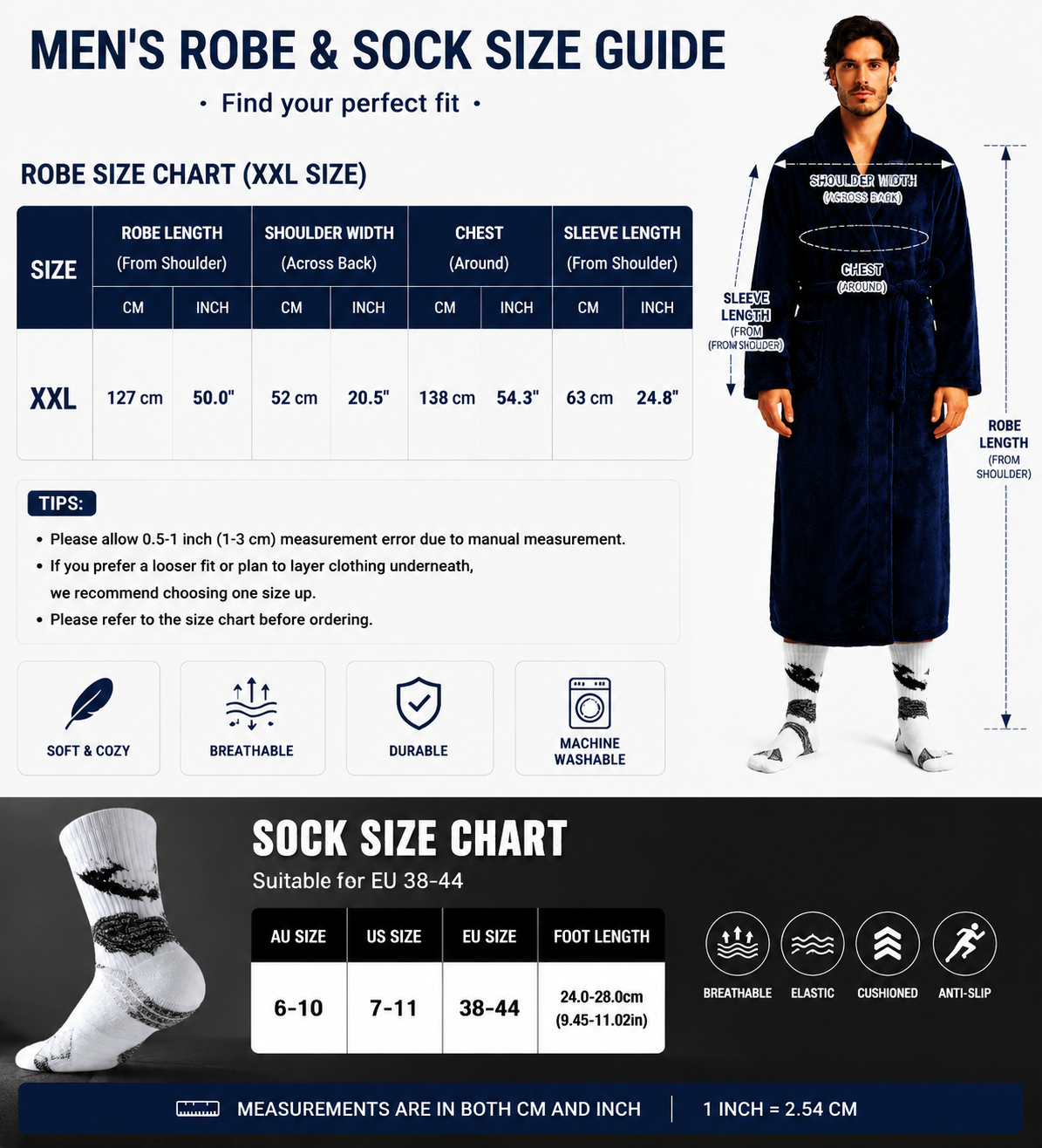 Blue Men's Winter Lounge Bundle Set - Flannel Shawl Collar Robe(XXL Size) with 2x  Thick Mid Calf Purple Demon Pattern Socks, Warm Plush Homewear Set, Soft Cozy Sleepwear and Indoor Loungewear Gift for Men