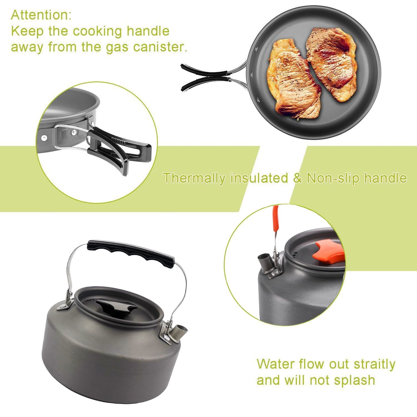 Green Camping Cookware Set for 2–3 People – Portable Outdoor Cooking Pot, Frying Pan & 1.1L Kettle Kit with Stainless Steel Plates, Cups & Cutlery, Lightweight Non-Stick Camping Cook Set for Hiking, Picnic, Backpacking & RV Travel