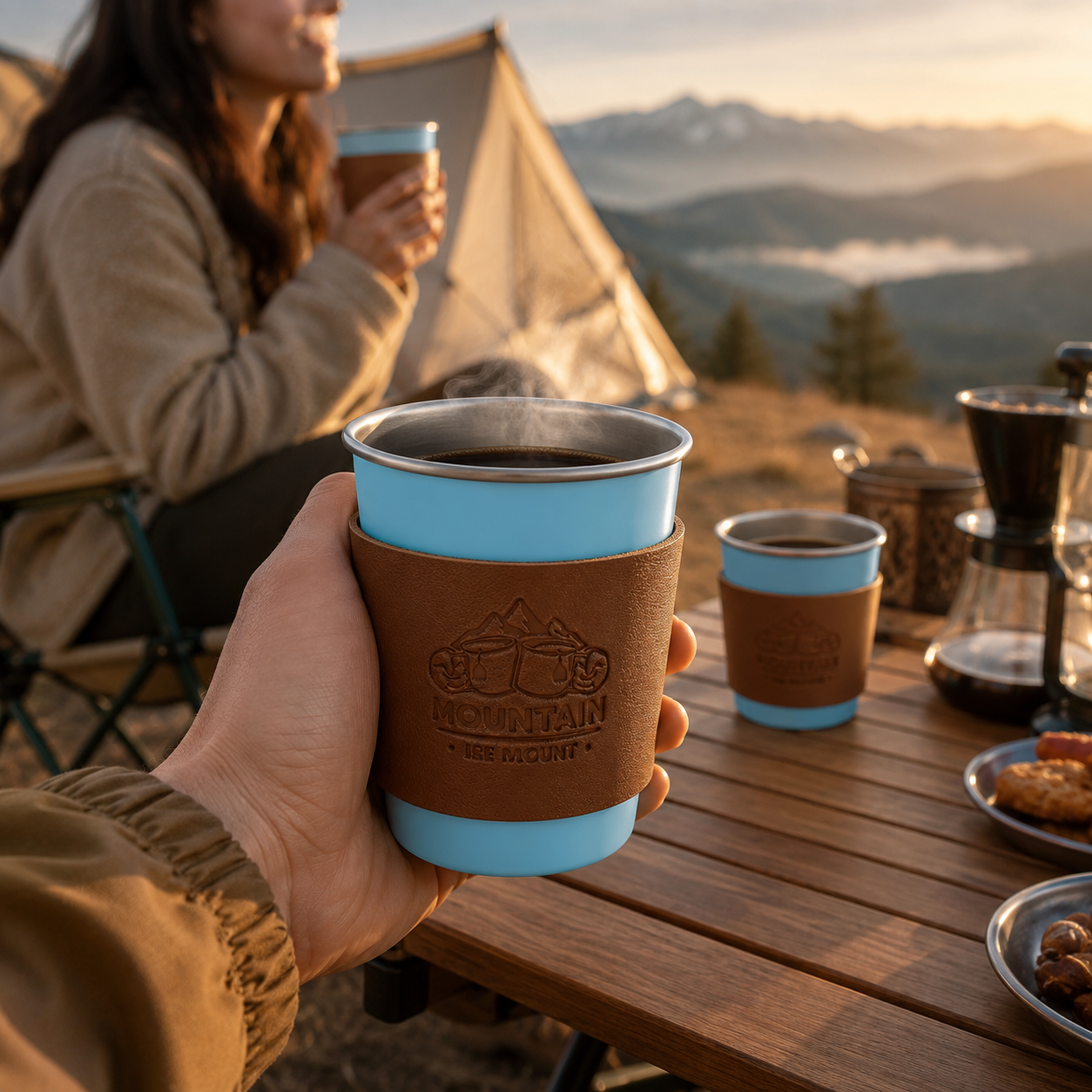 Blue 304 Stainless Steel Camping Coffee Cup  with Leather Sleeve – 500ml Portable Outdoor Drinking Cup, Beer Cup, Travel Mug for Camping, Hiking, Picnic and Daily Coffee