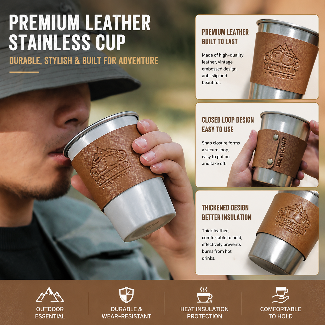 Red 304 Stainless Steel Camping Coffee Cup  with Leather Sleeve – 350ml Portable Outdoor Drinking Cup, Beer Cup, Travel Mug for Camping, Hiking, Picnic and Daily Coffee