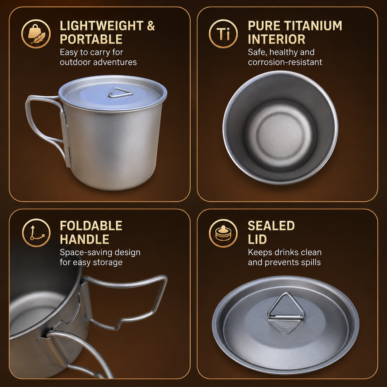 Camping Mug 500ml (16.91oz) with Lid – Ultra Lightweight Titanium Coffee Cup, Foldable Handle Outdoor Water Cup for Camping, Hiking, Travel, Backpacking and Adventure