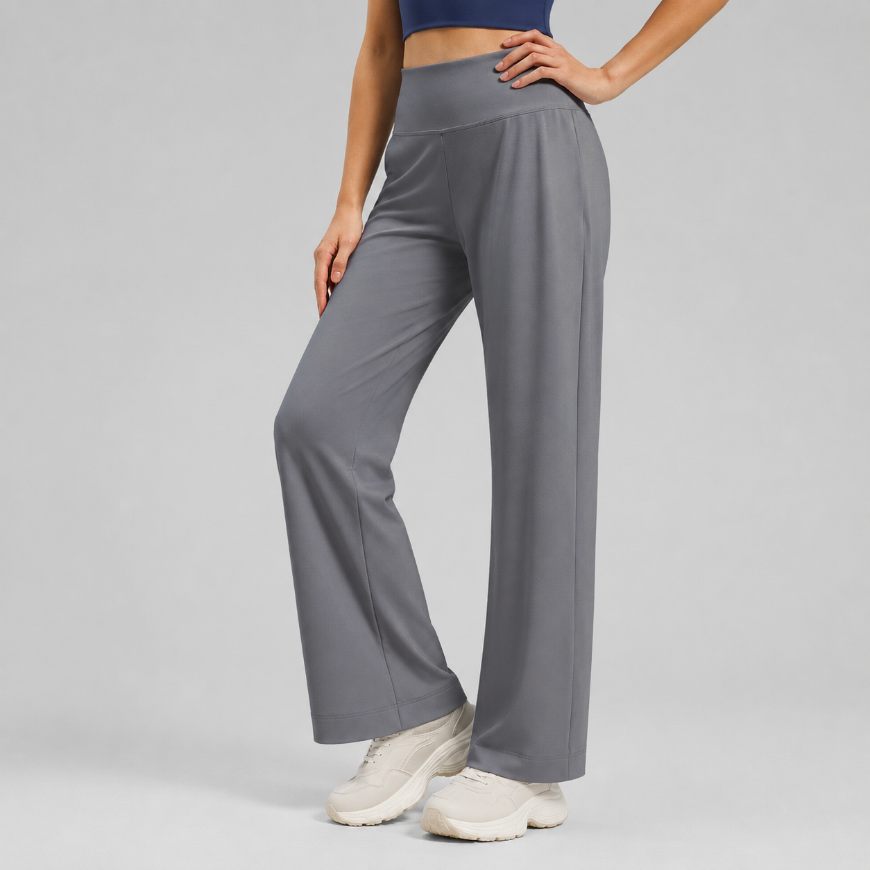 Women's High Waist Yoga Pants (S size)- Grey Loose Straight Leg Full Length Trousers with Rear Waist Pocket for Pilates, Studio Workouts, Lounging and Casual Wear