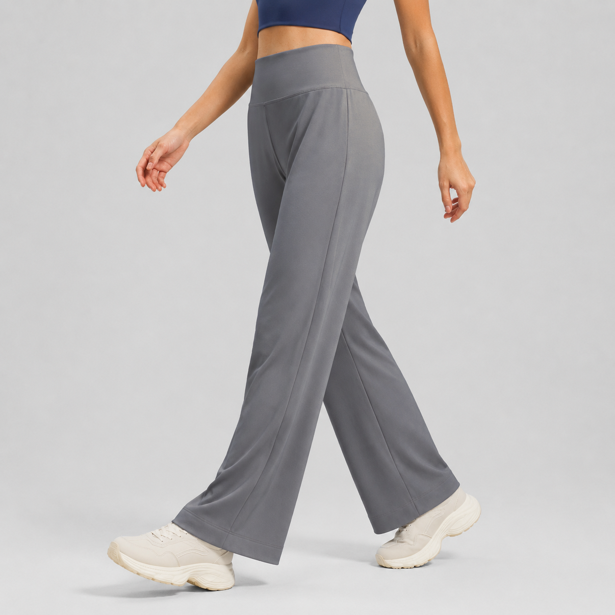 Women's High Waist Yoga Pants (M size)- Grey Loose Straight Leg Full Length Trousers with Rear Waist Pocket for Pilates, Studio Workouts, Lounging and Casual Wear