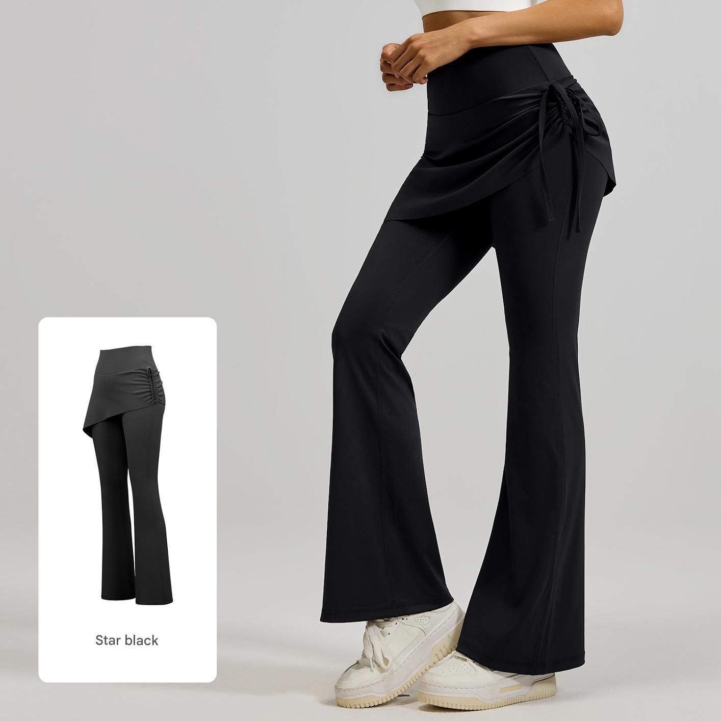 Women's High Waist Skirted Flare Yoga Pants with Adjustable Ruched Drawstring (S size)- Black Faux Two Piece Bootcut Leggings for Pilates, Gym Workout, Running, Dance and Everyday Wear