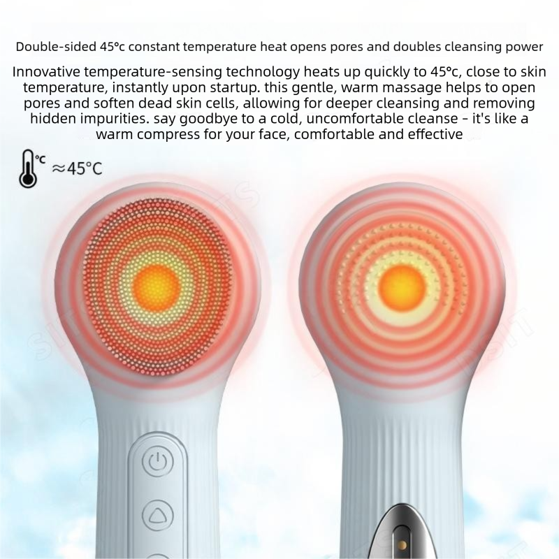Beige Heated Silicone Facial Cleansing Brush - Dual Sided, Rechargeable, 3 Vibration Levels, Magnetic Charging for Daily Skincare, Bathroom and Travel