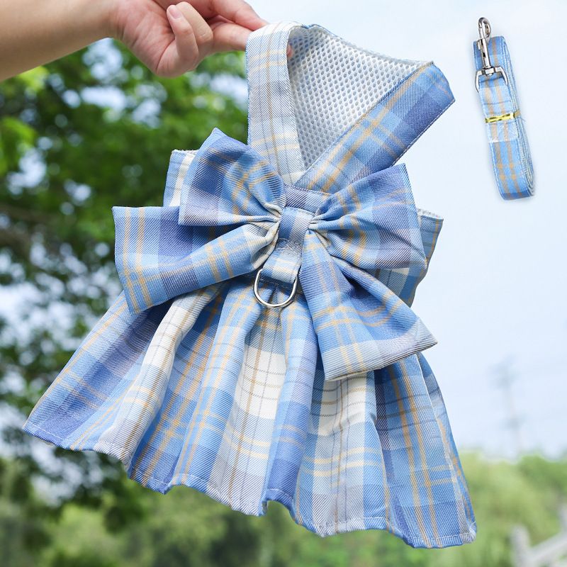 Blue Plaid Pet Harness Dress with Leash for Small Dogs and Cats XS Size Bow Design Vest Outfit Walking Accessory