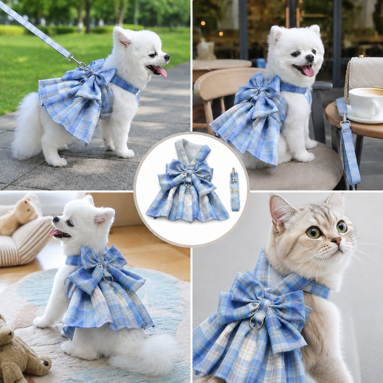 Blue Plaid Pet Harness Dress with Leash for Small Dogs and Cats S Size Bow Design Vest Outfit Walking Accessory