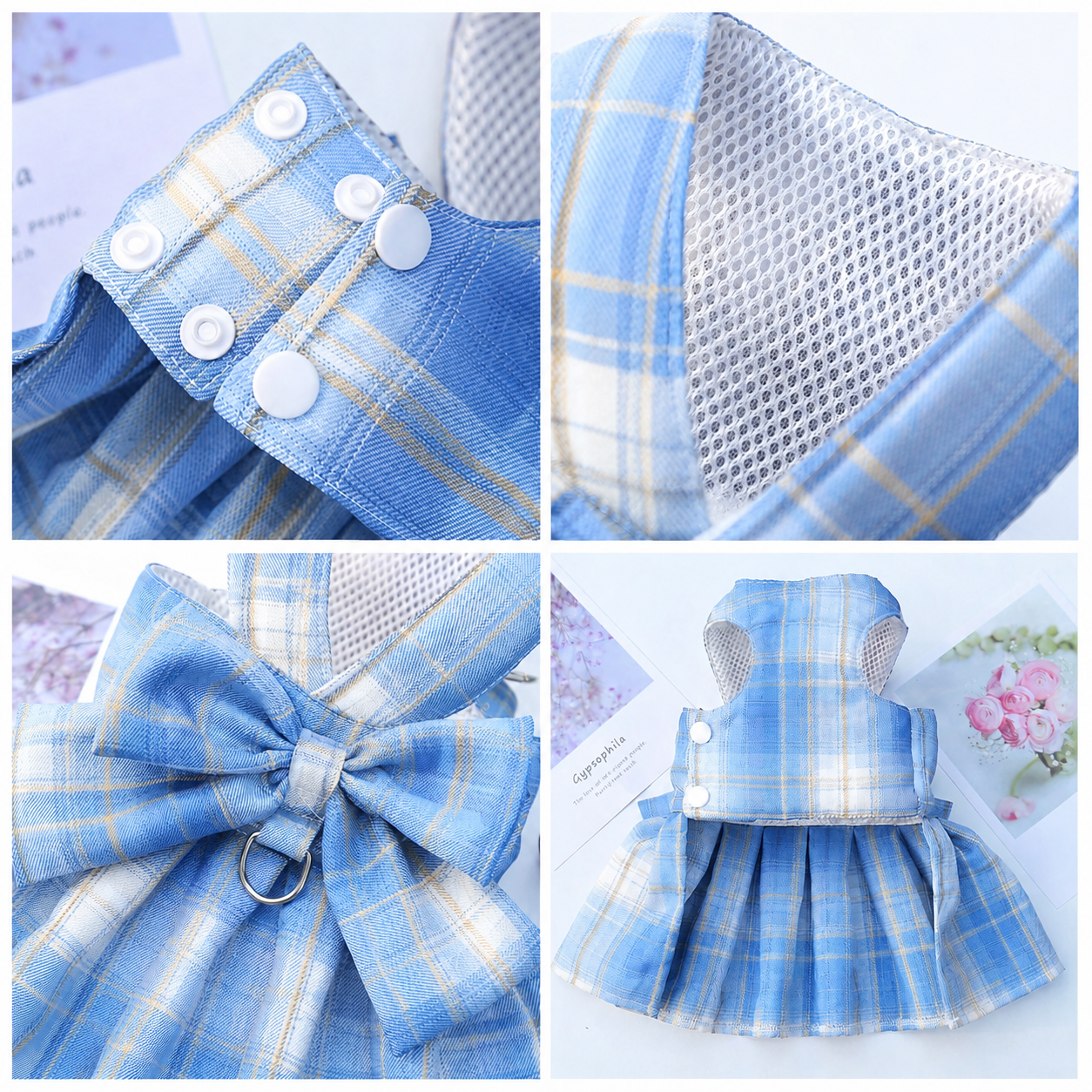 Blue Plaid Pet Harness Dress with Leash for Small Dogs and Cats M Size Bow Design Vest Outfit Walking Accessory
