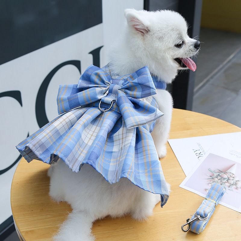 Blue Plaid Pet Harness Dress with Leash for Small Dogs and Cats L Size Bow Design Vest Outfit Walking Accessory