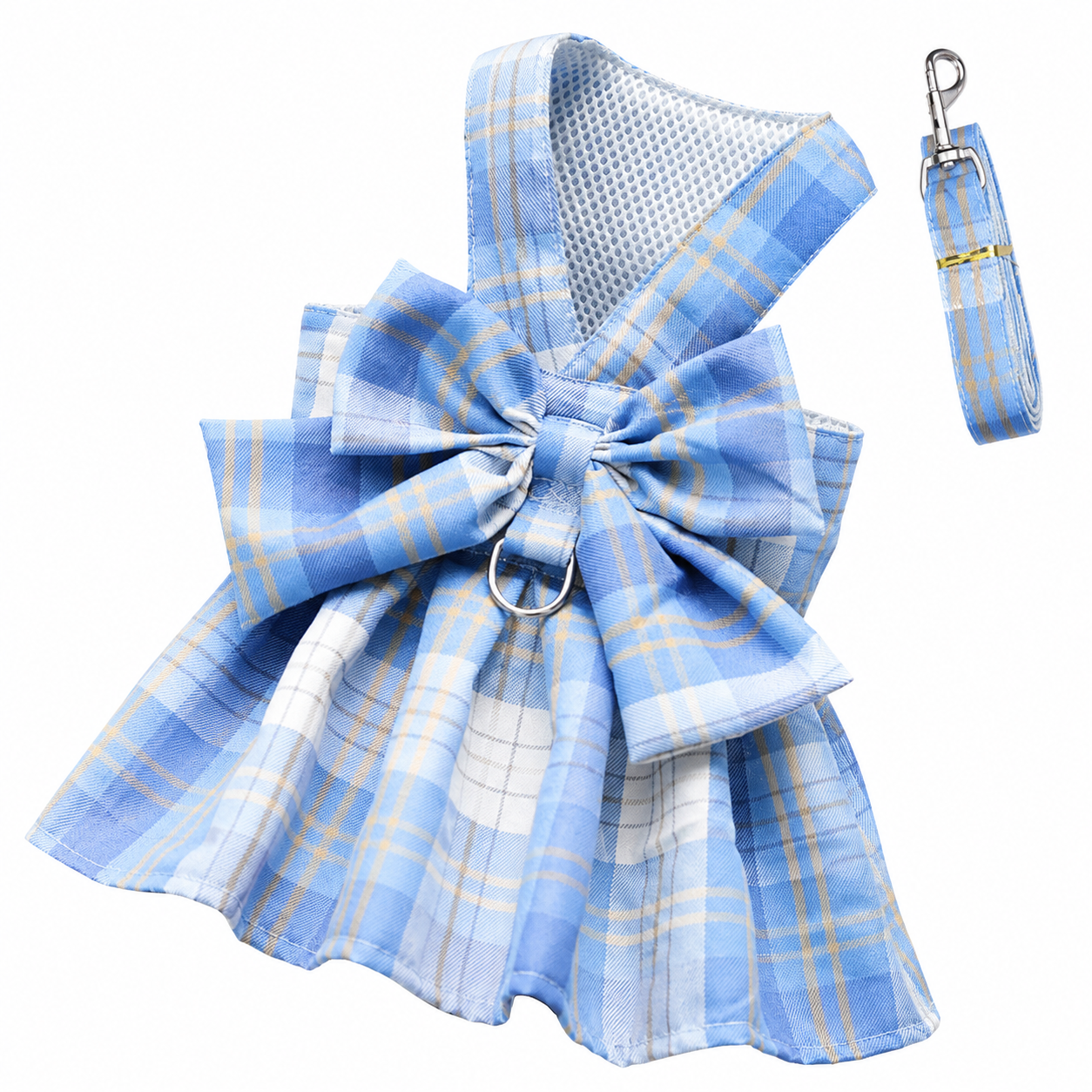 Blue Plaid Pet Harness Dress with Leash for Small Dogs and Cats XL Size Bow Design Vest Outfit Walking Accessory