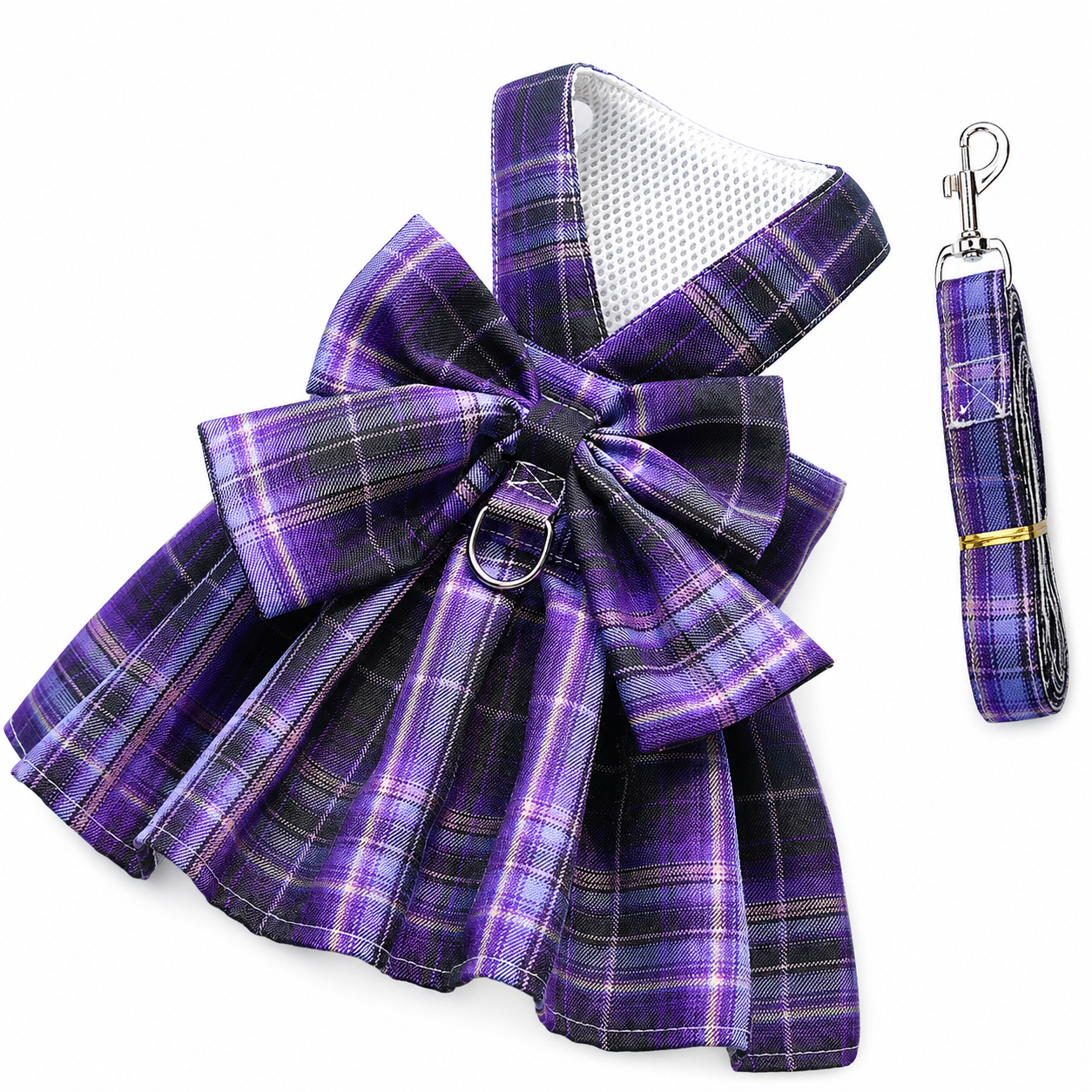 Dark Purple Plaid Pet Harness Dress with Leash for Small Dogs and Cats M Size Bow Design Vest Outfit Walking Accessory