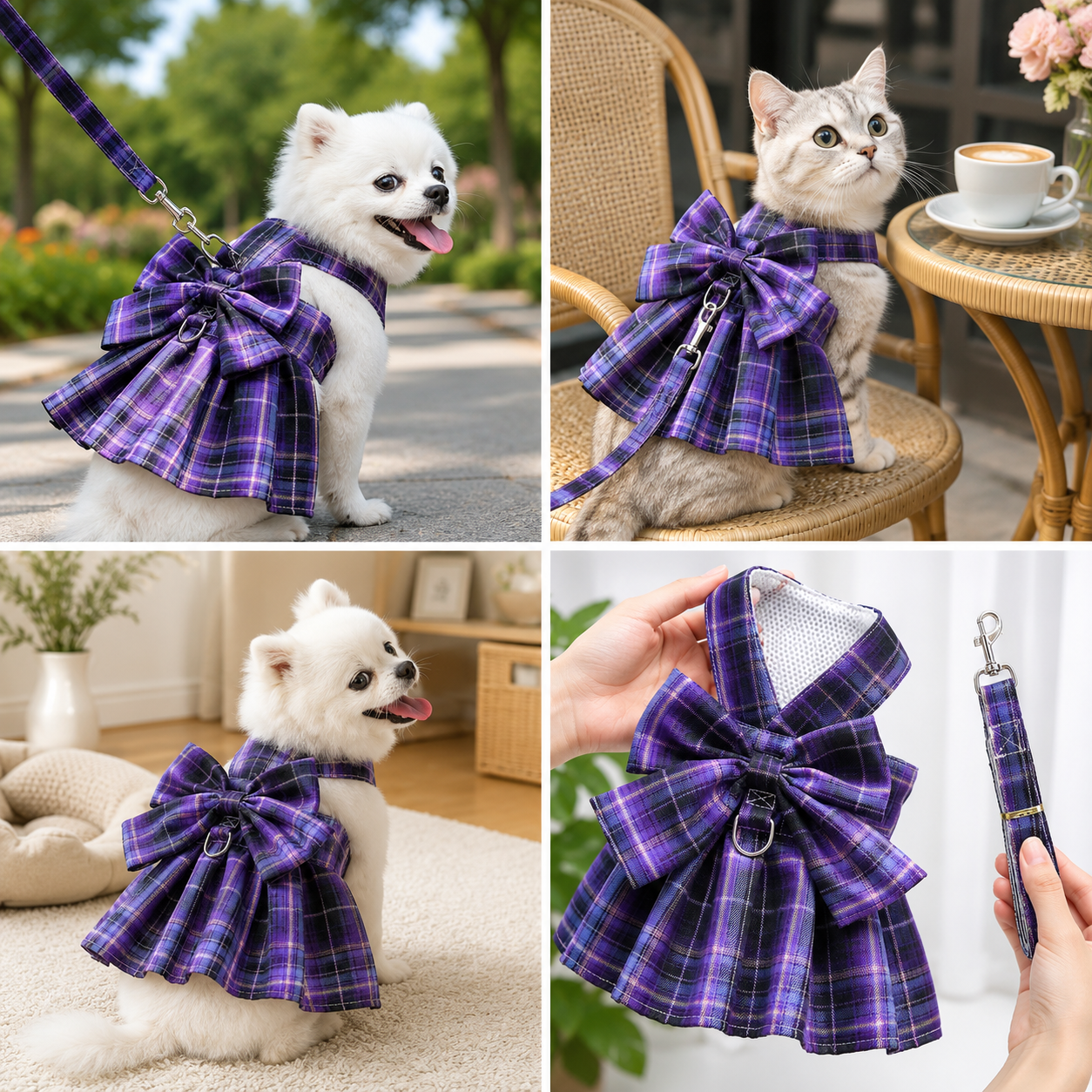 Dark Purple Plaid Pet Harness Dress with Leash for Small Dogs and Cats M Size Bow Design Vest Outfit Walking Accessory