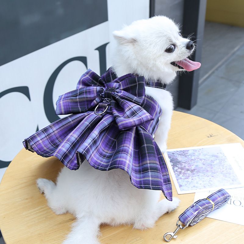 Dark Purple Plaid Pet Harness Dress with Leash for Small Dogs and Cats M Size Bow Design Vest Outfit Walking Accessory