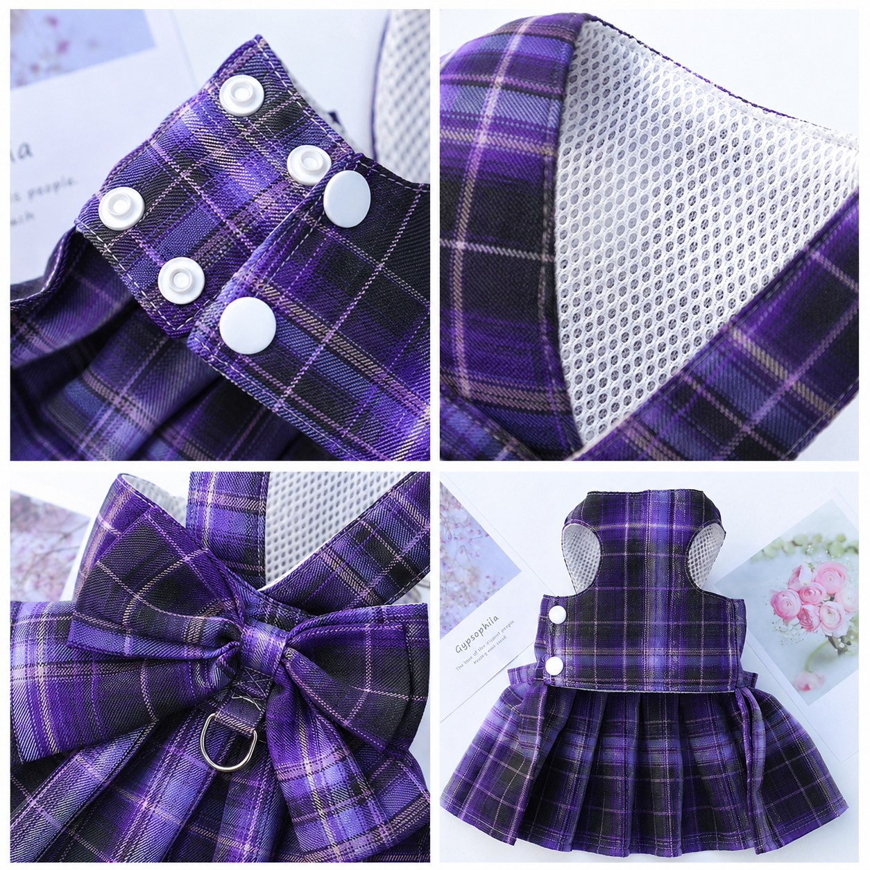 Dark Purple Plaid Pet Harness Dress with Leash for Small Dogs and Cats XL Size Bow Design Vest Outfit Walking Accessory