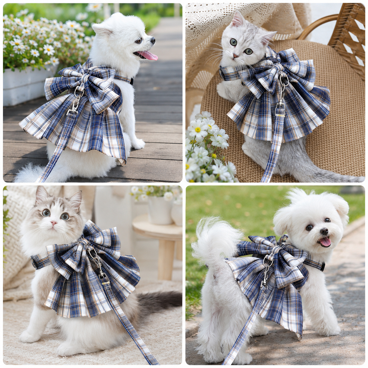 Navy Blue Plaid Pet Harness Dress with Leash for Small Dogs and Cats M Size Bow Design Vest Outfit Walking Accessory