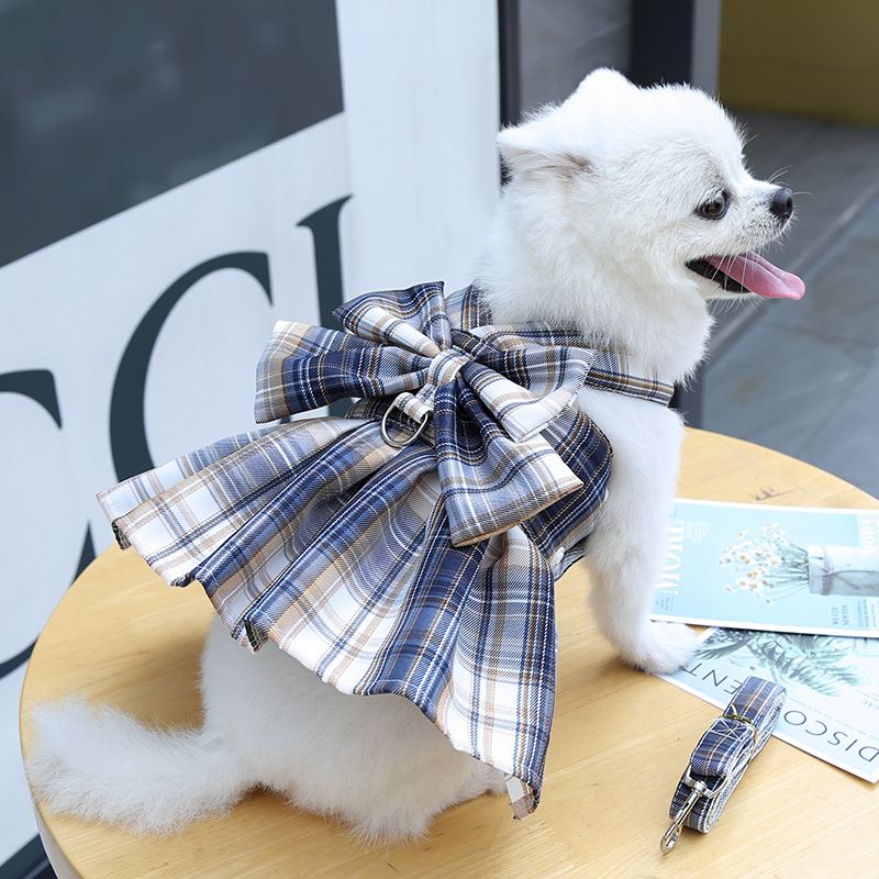 Navy Blue Plaid Pet Harness Dress with Leash for Small Dogs and Cats L Size Bow Design Vest Outfit Walking Accessory