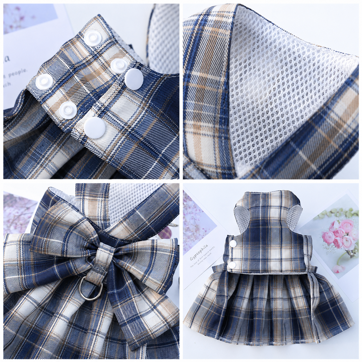 Navy Blue Plaid Pet Harness Dress with Leash for Small Dogs and Cats XL Size Bow Design Vest Outfit Walking Accessory