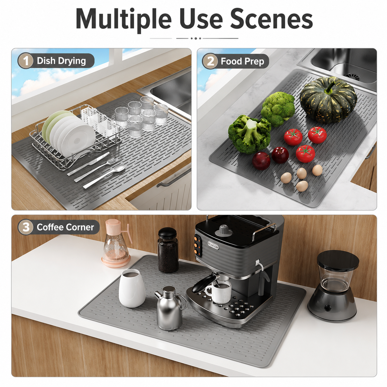 Gray Extra Large Silicone Countertop Protector & Dish Drying Mat - Dishwasher Safe ( 76x53cm)
