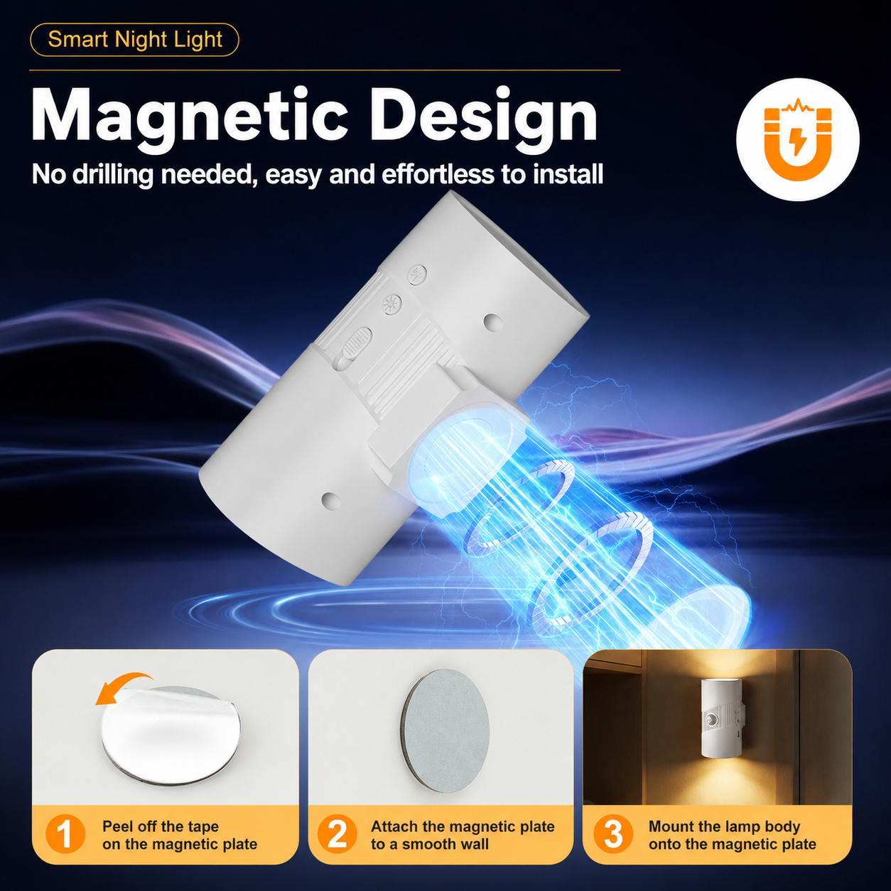 Black Rechargeable Magnetic Dual Direction Wall Lamp - Widely Triple Sensing, 15s Automatic Timing & Constant On Mode, 3 Colours and 4 Brightness Levels for Hallways and Bedrooms