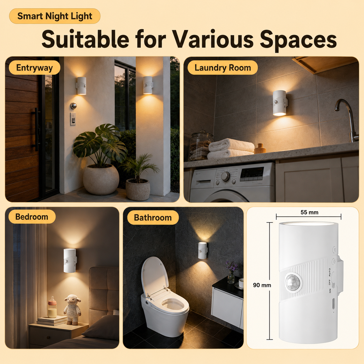 Black Rechargeable Magnetic Dual Direction Wall Lamp - Widely Triple Sensing, 15s Automatic Timing & Constant On Mode, 3 Colours and 4 Brightness Levels for Hallways and Bedrooms
