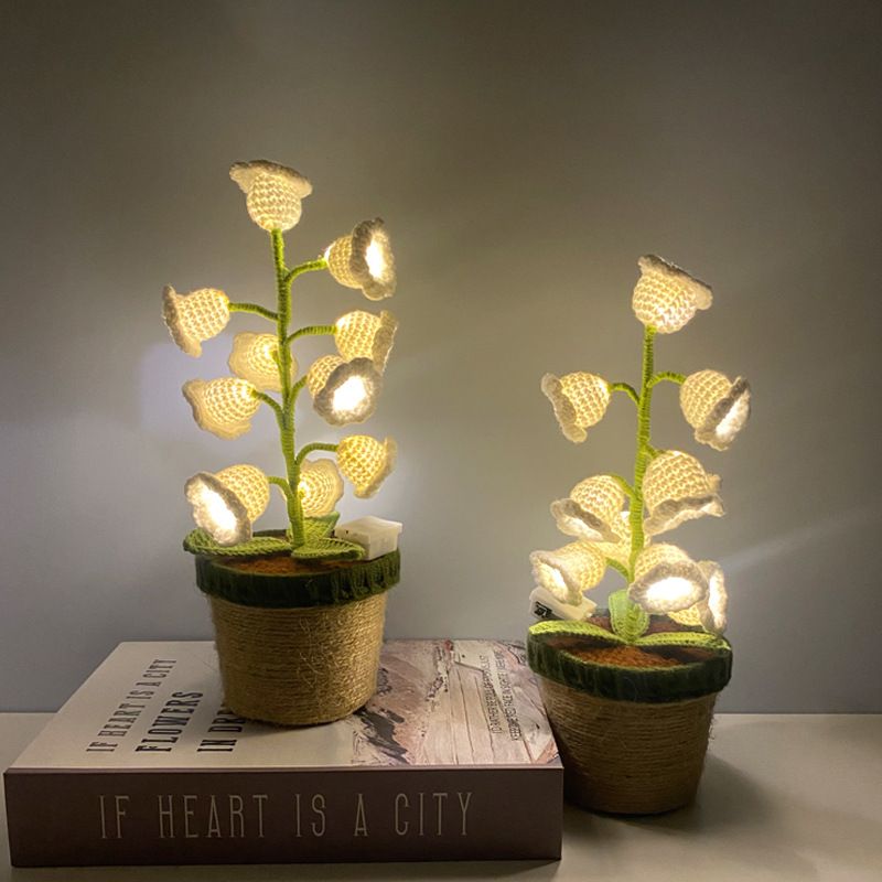 Yellow Crochet Single Lily of the Valley Night Light - Handmade Cotton Yarn LED Potted Flower White Lamp, 3 Brightness Adjustment, Battery Operated Desk Decor & Creative Christmas Gift