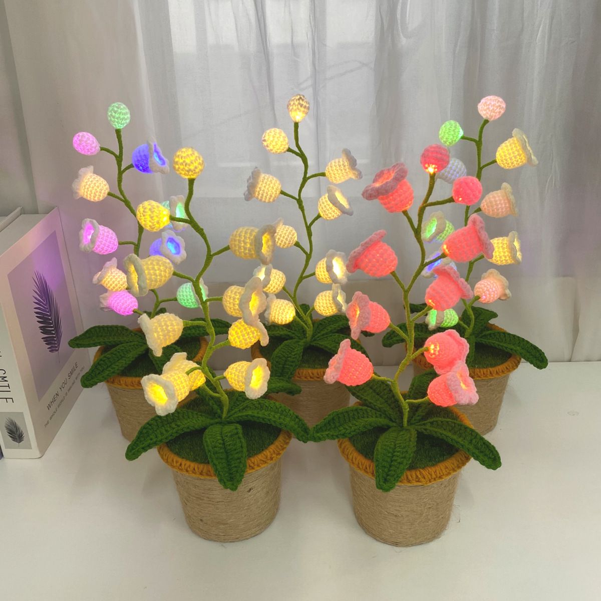 Yellow Crochet Single Lily of the Valley Night Light - Handmade Cotton Yarn LED Potted Flower White Lamp, 3 Brightness Adjustment, Battery Operated Desk Decor & Creative Christmas Gift