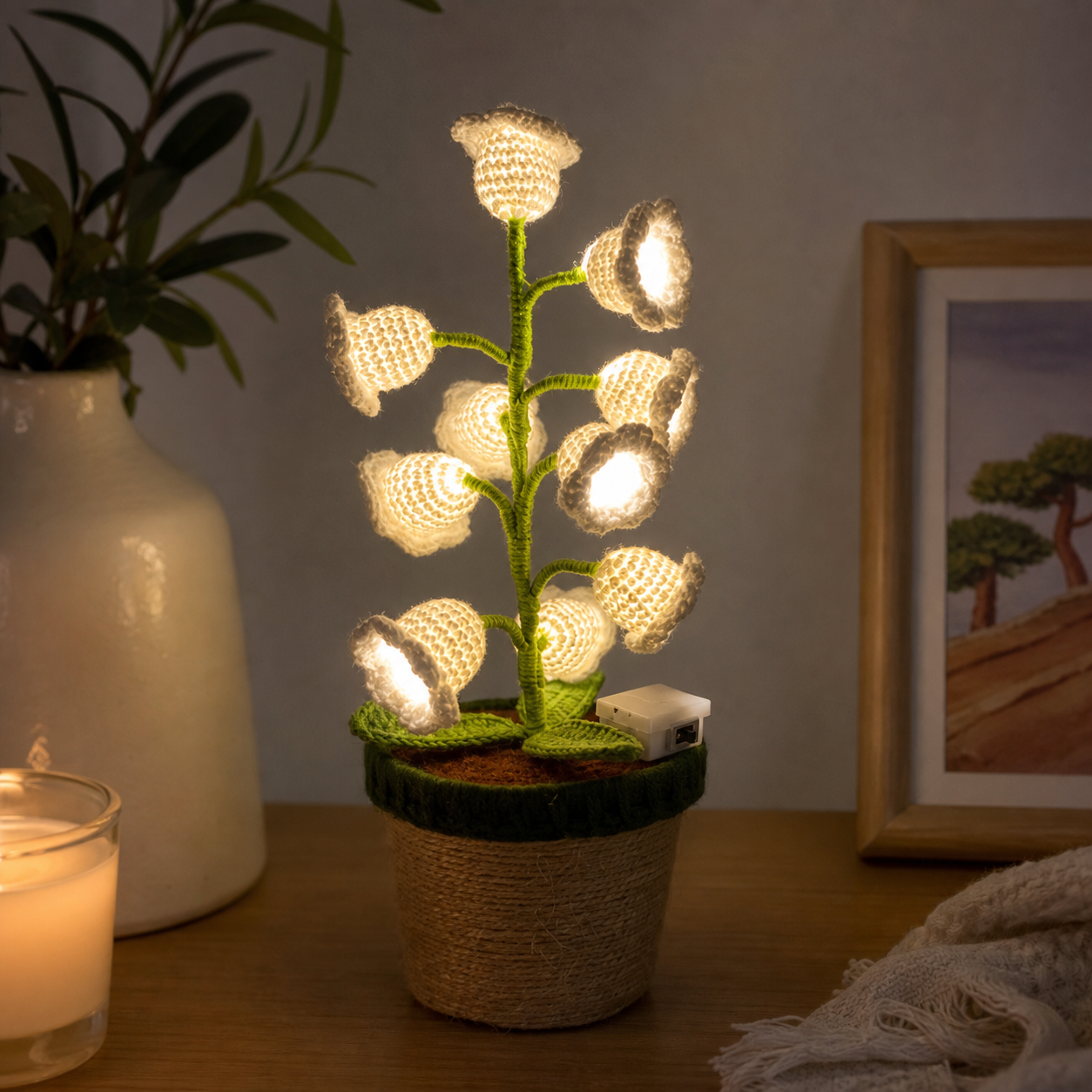 Orange Crochet Single Lily of the Valley Night Light - Handmade Cotton Yarn LED Potted Flower White Lamp, 3 Brightness Adjustment, Battery Operated Desk Decor & Creative Christmas Gift
