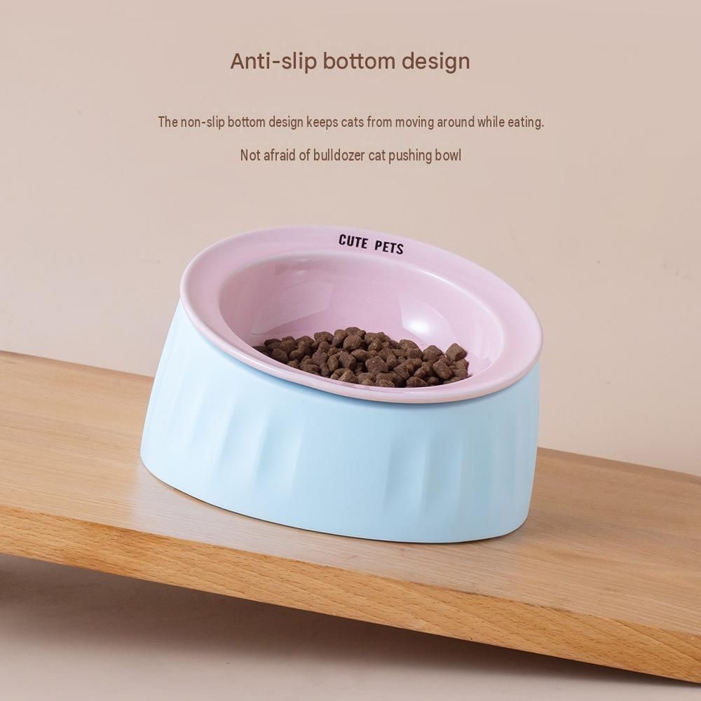 Pet Feeding Set - 15 Degree Tilted Ceramic Yellow Bowl and Yellow Non-Slip PVC Mat, Detachable Design, Easy Clean Cat Dog Food Water Dish