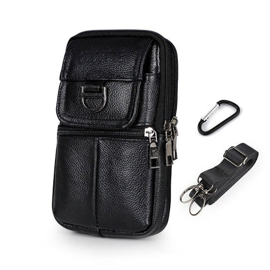 Black Leather Belt Phone Pouch - Multi-Pocket Waist Bag with Shoulder Strap, Durable Zipper Closure for Work, Cycling & Daily Carry
