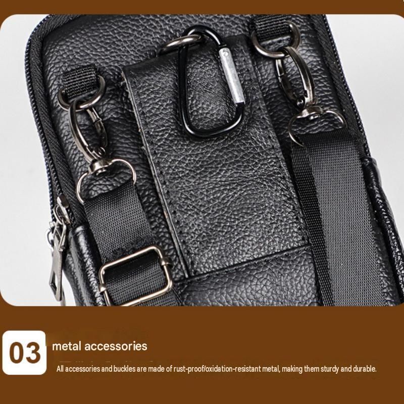 Black Leather Belt Phone Pouch - Multi-Pocket Waist Bag with Shoulder Strap, Durable Zipper Closure for Work, Cycling & Daily Carry