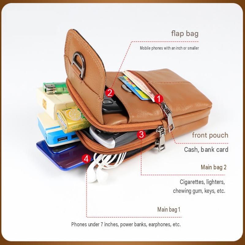 Yellow Leather Belt Phone Pouch - Multi-Pocket Waist Bag with Shoulder Strap, Durable Zipper Closure for Work, Cycling & Daily Carry