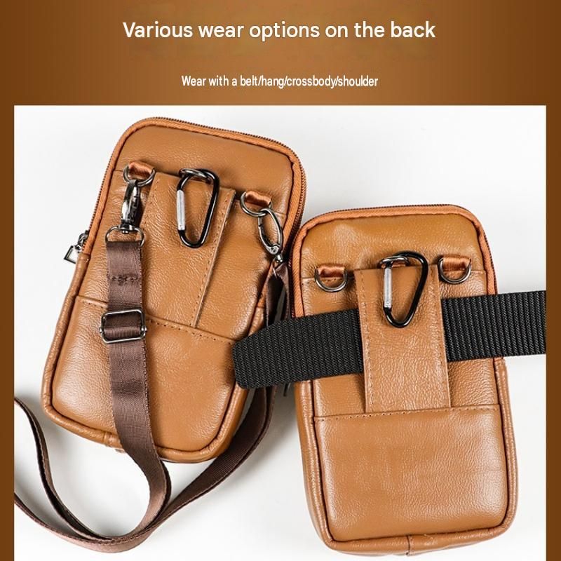 Beige Leather Belt Phone Pouch - Multi-Pocket Waist Bag with Shoulder Strap, Durable Zipper Closure for Work, Cycling & Daily Carry