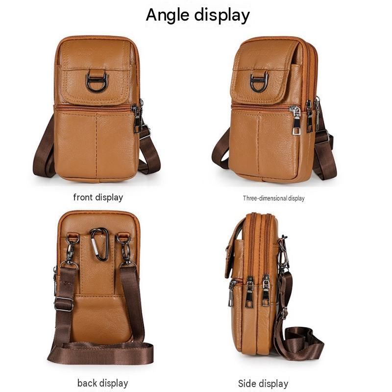 Dark brown Leather Belt Phone Pouch - Multi-Pocket Waist Bag with Shoulder Strap, Durable Zipper Closure for Work, Cycling & Daily Carry