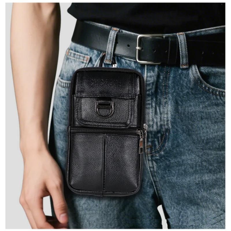 Dark brown Leather Belt Phone Pouch - Multi-Pocket Waist Bag with Shoulder Strap, Durable Zipper Closure for Work, Cycling & Daily Carry